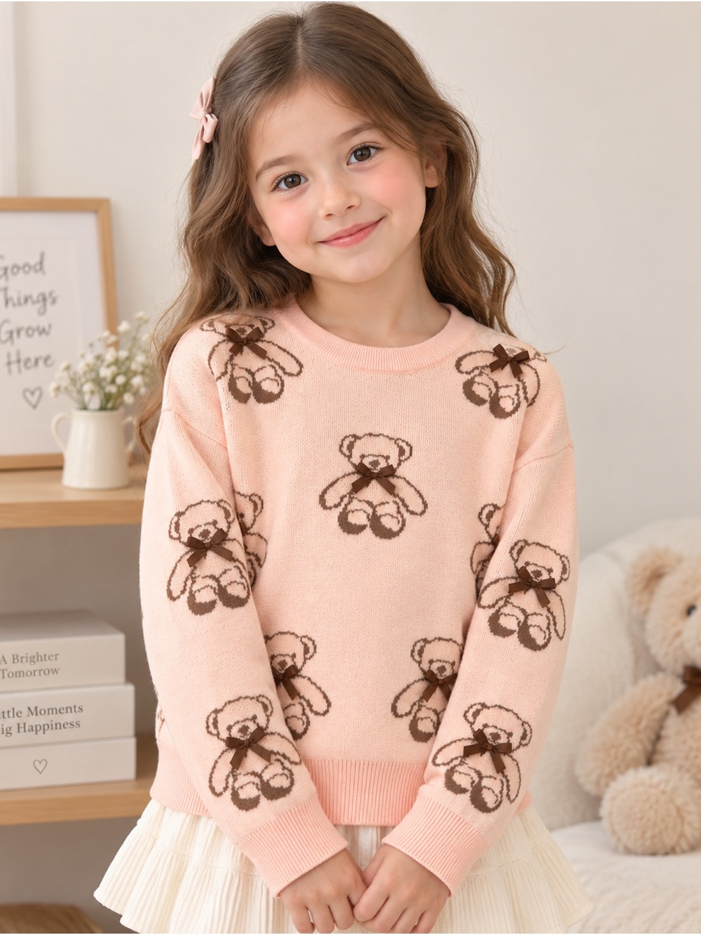 Stella Tweed Girls Teddy Bear 3D Bow Sweater Pink Size 10-12 NWT